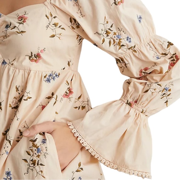 By Anthropologie Long Sleeve Embroidered Mini Fairy Floral Dress Cream Size XS - Picture 6 of 16